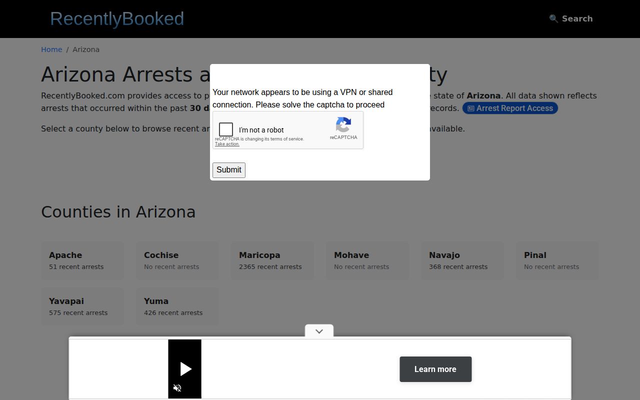 RecentlyBooked Arizona inventory without verified Graham County coverage