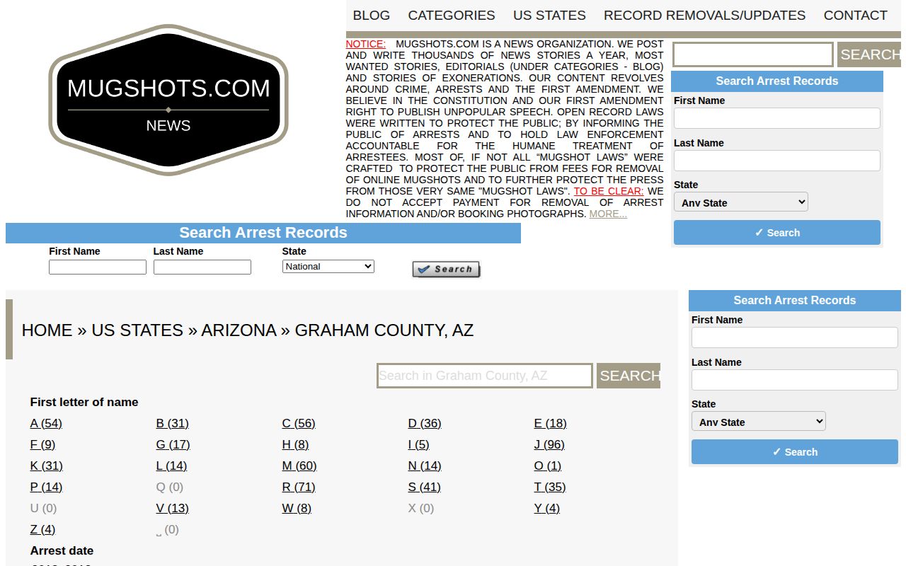 Unofficial Graham County mugshot archive showing dated record coverage